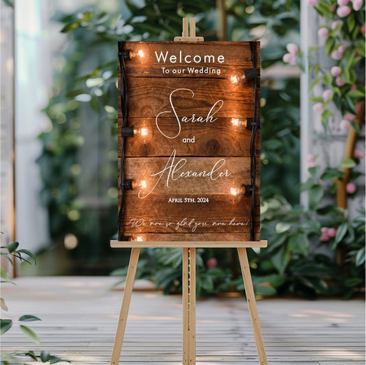 Personalised rustic wedding welcome sign with lighting effect.